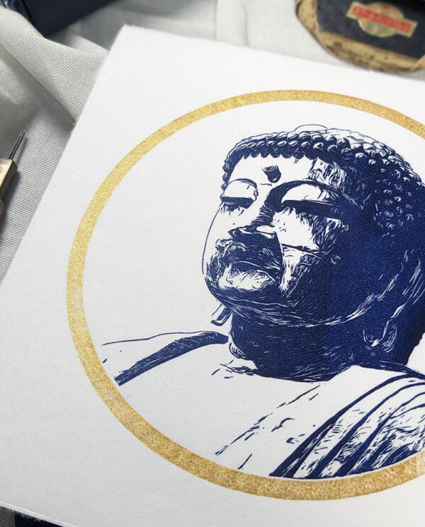 Linogravure japonaise du visage du Bouddha de Kamakura