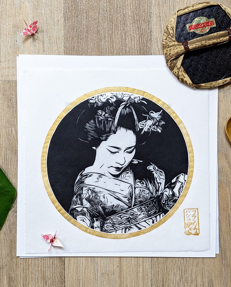 Linogravure japonaise fait main d’une Maiko en kimono