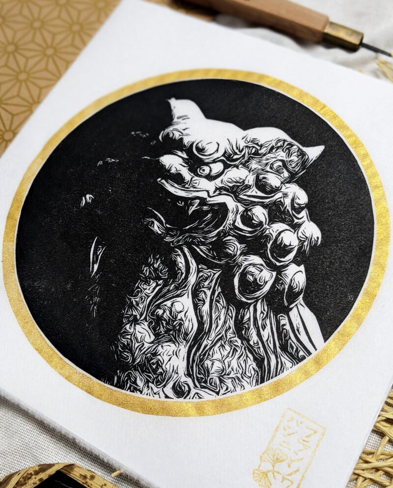 Linogravure gardien des temples