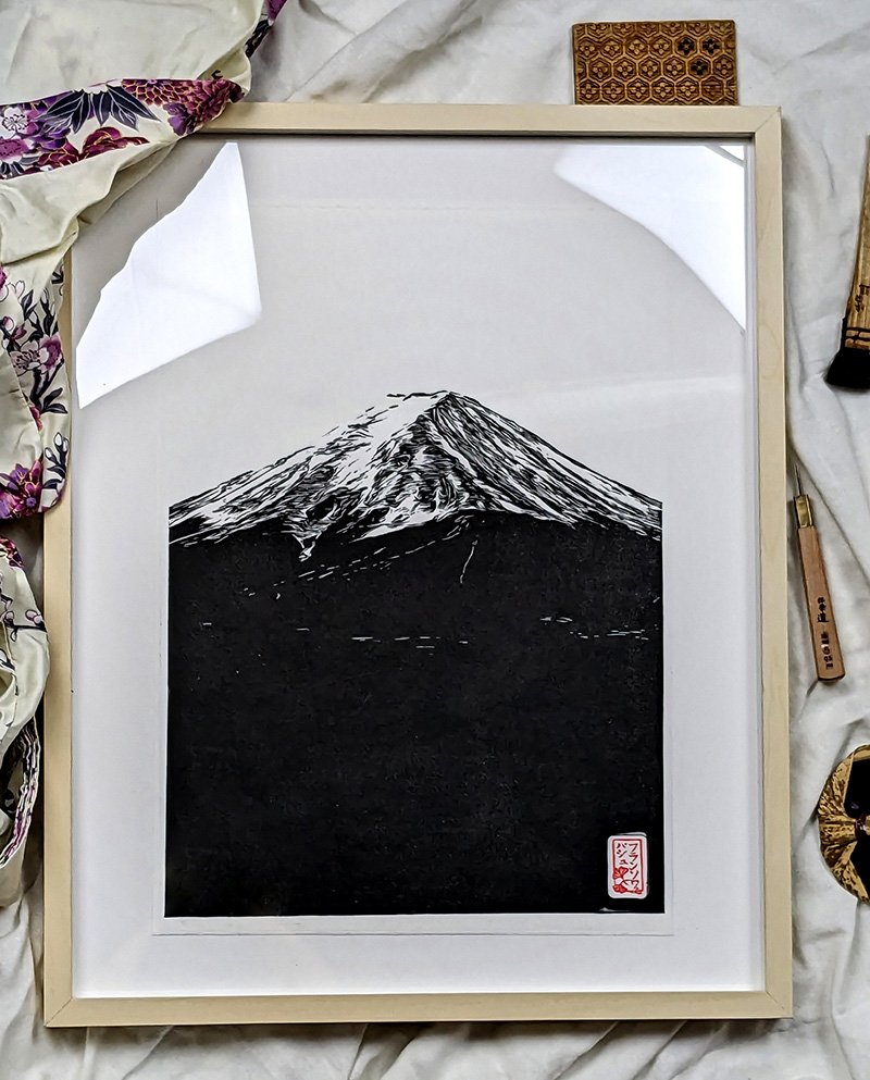 Linogravure japonaise fait main mont fuji