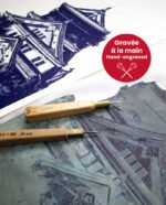 Linogravure du château d'Osaka en bleu
