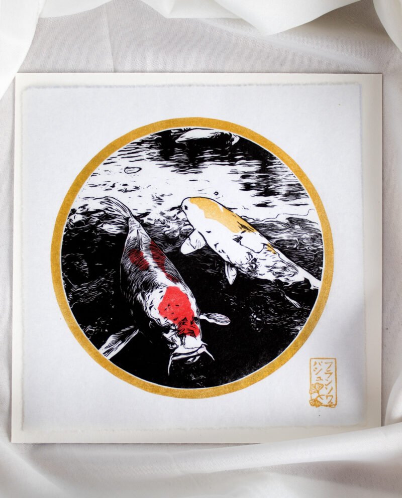 Linogravure japonaise carpe Koï
