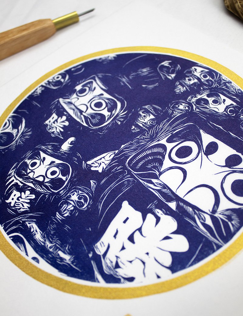 Linogravure japonais Daruma