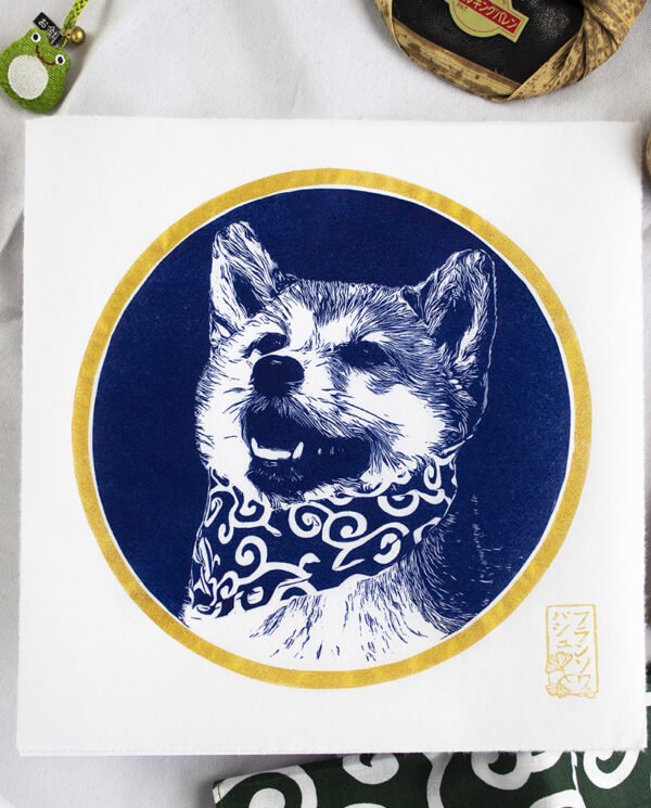 Linogravure chien japonais shiba inu