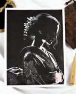 Linogravure « Songes » d’une Japonaise en kimono traditionnel