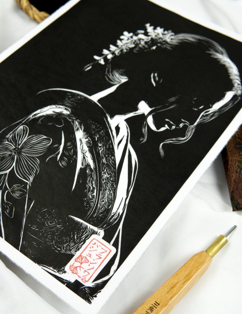 Linogravure « Songes » d’une Japonaise en kimono traditionnel Linogravure « Songes » d’une Japonaise en kimono traditionnel