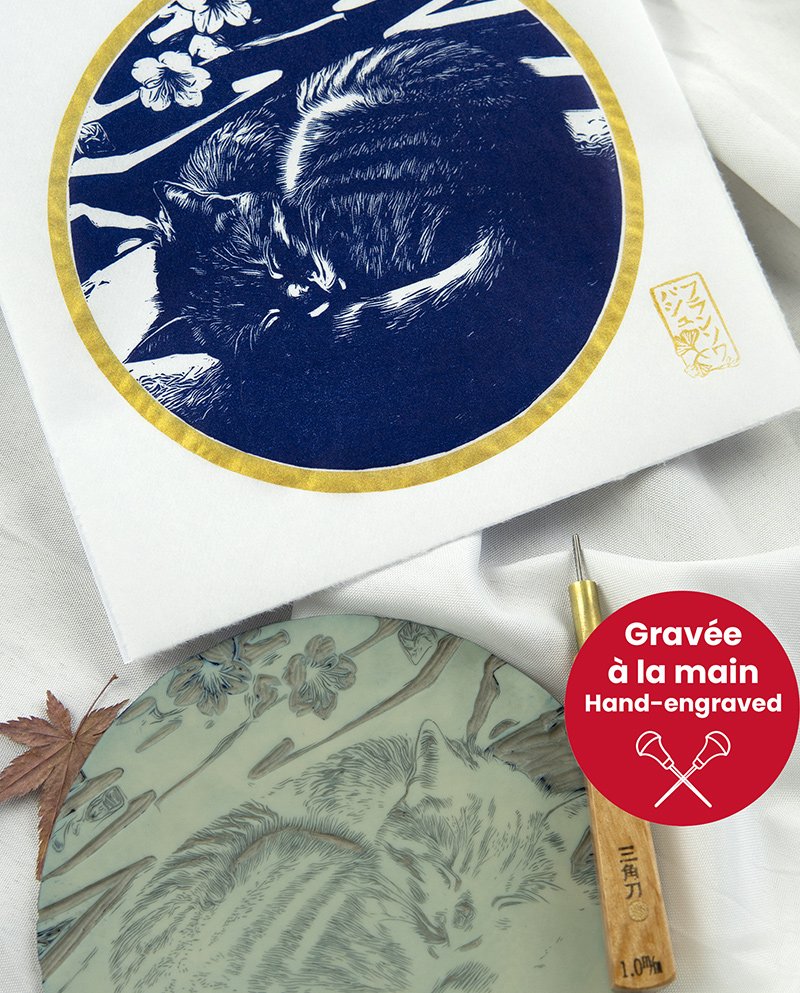 Linogravure japonaise chat noir et bleu