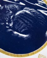 Linogravure japonaise chat noir et bleu