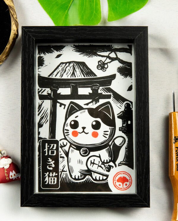 Linogravure Maneki Neko - Estampe Japonaise Kawaii | Collection Kodomo