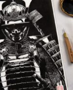 Face au Guerrier : Linogravure japonaise d’une armure de Samurai