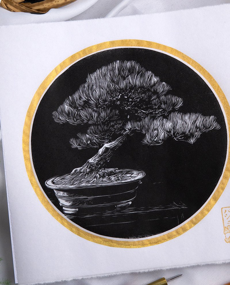 Gravure Japonaise Inspirée par l’Art des Bonsaïs