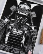 Face au Guerrier : Linogravure japonaise d’une armure de Samurai