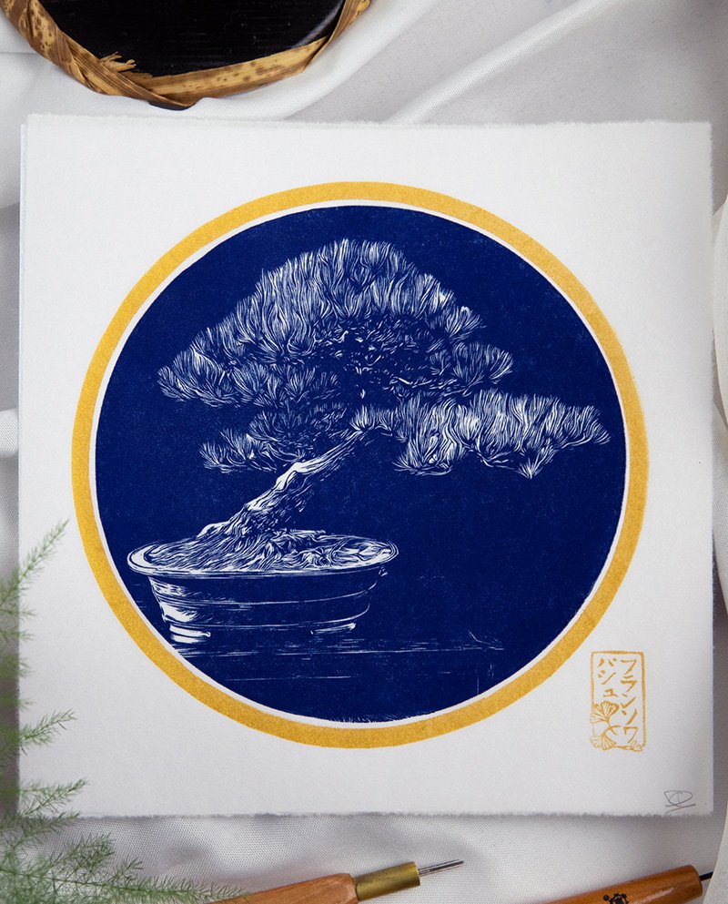 Gravure Japonaise Inspirée par l’Art des Bonsaïs