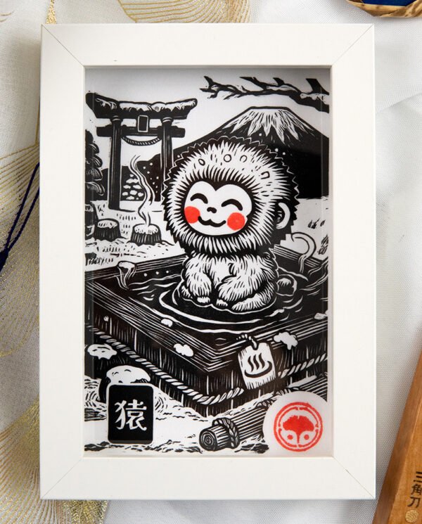 Linogravure macaque japonais dans un onsen