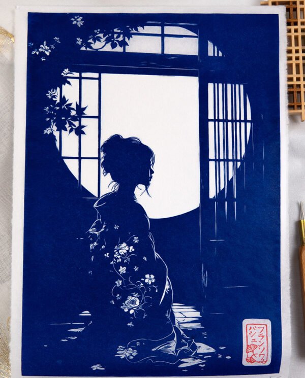 Linogravure Japonaise "Tsukikage" – Ombre de Lune