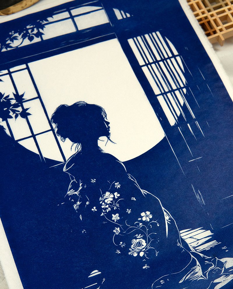 Linogravure Japonaise "Tsukikage" – Ombre de Lune