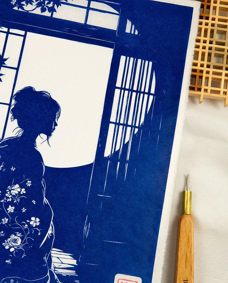 Linogravure Japonaise "Tsukikage" – Ombre de Lune