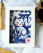 Linogravure Kitsune, renard japonais