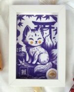 Linogravure japonaise Kitsune violet