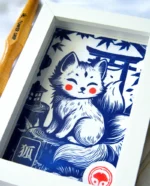 Linogravure Kitsune, renard japonais