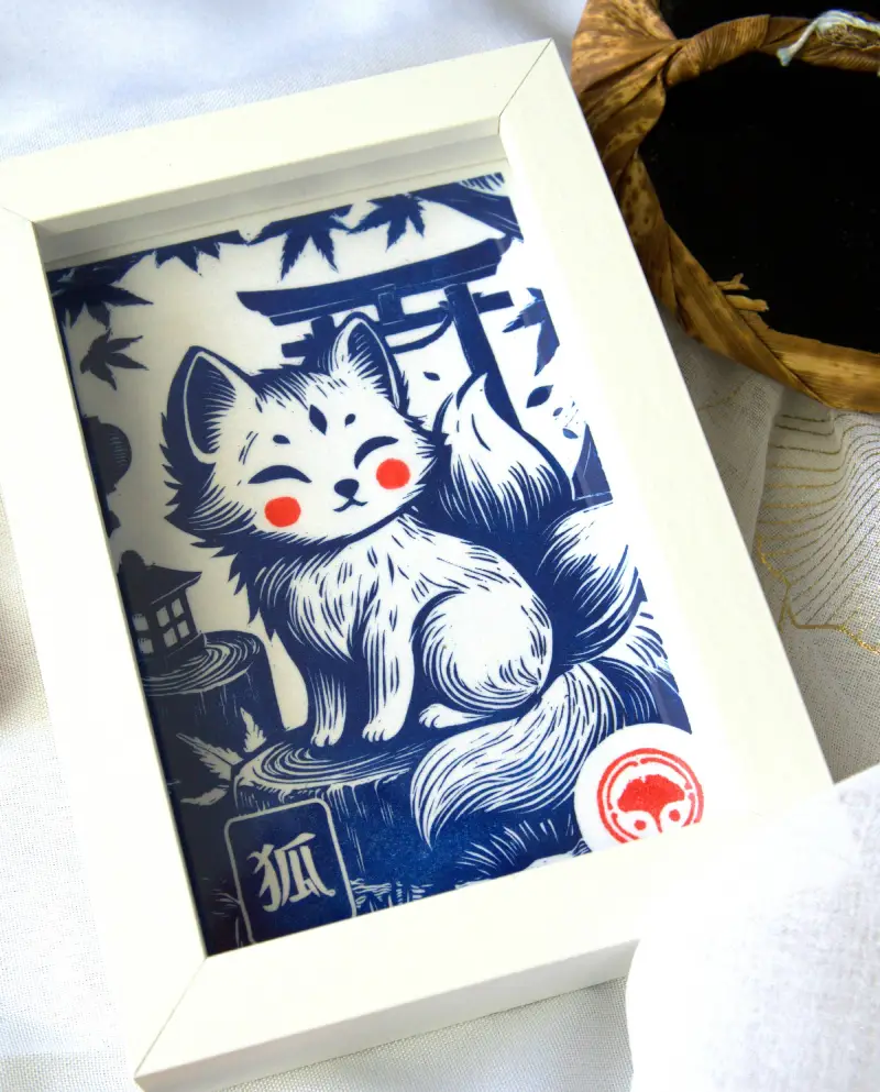 Linogravure Kitsune, renard japonais