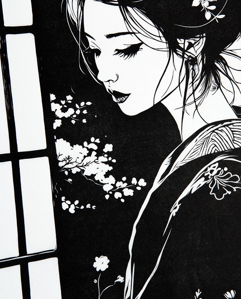 Linogravure Japonaise "Yoru no Sasayaki" – Le Murmure de la Nuit