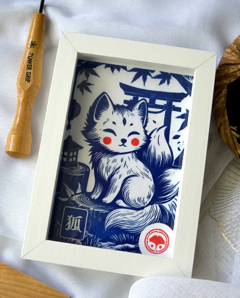Linogravure Kitsune, renard japonais