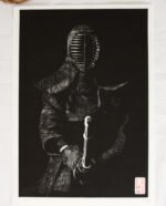 Gravure japonaise Kendô en noir et blanc – estampe originale sur papier japonais