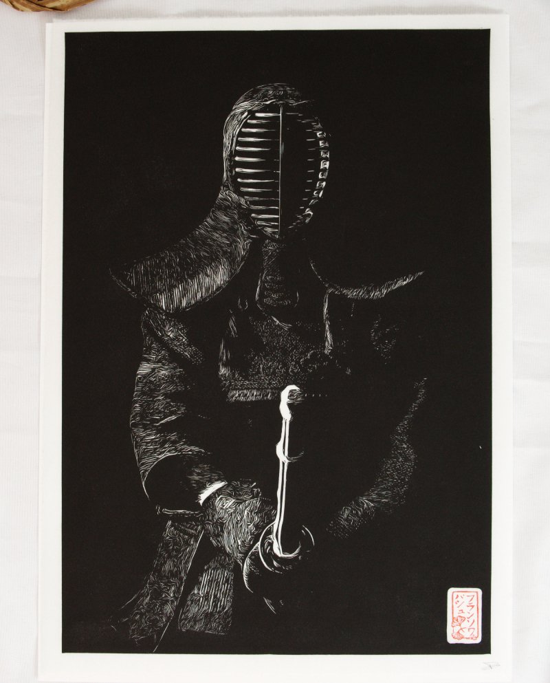 Gravure japonaise Kendô en noir et blanc – estampe originale sur papier japonais