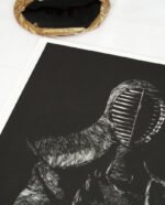 Linogravure artisanale représentant un kendoka en armure traditionnelle