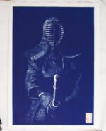 Linogravure japonaise artisanale Kendô – estampe art martial, la voie du sabre de couleur bleue