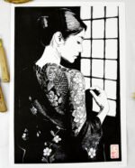 Linogravure japonaise Himeraretabi 秘められた美, "beauté cachée" noir