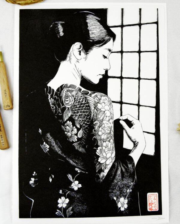 Linogravure japonaise Himeraretabi 秘められた美, "beauté cachée" noir