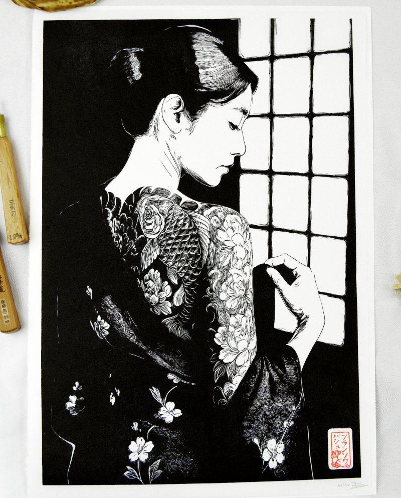 Linogravure japonaise Himeraretabi 秘められた美, "beauté cachée" noir