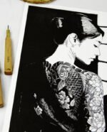 Linogravure japonaise Himeraretabi 秘められた美, "beauté cachée" noir