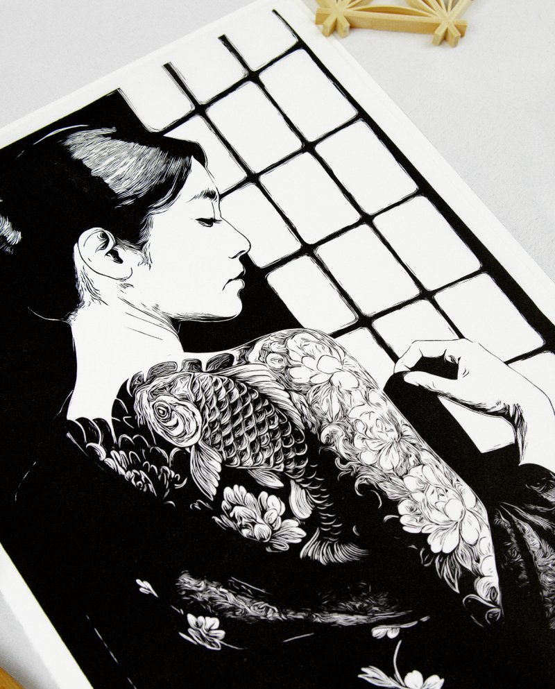 Linogravure japonaise Himeraretabi 秘められた美, "beauté cachée" noir