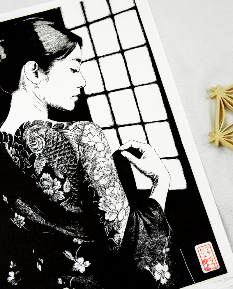 Linogravure japonaise Himeraretabi 秘められた美, "beauté cachée" noir