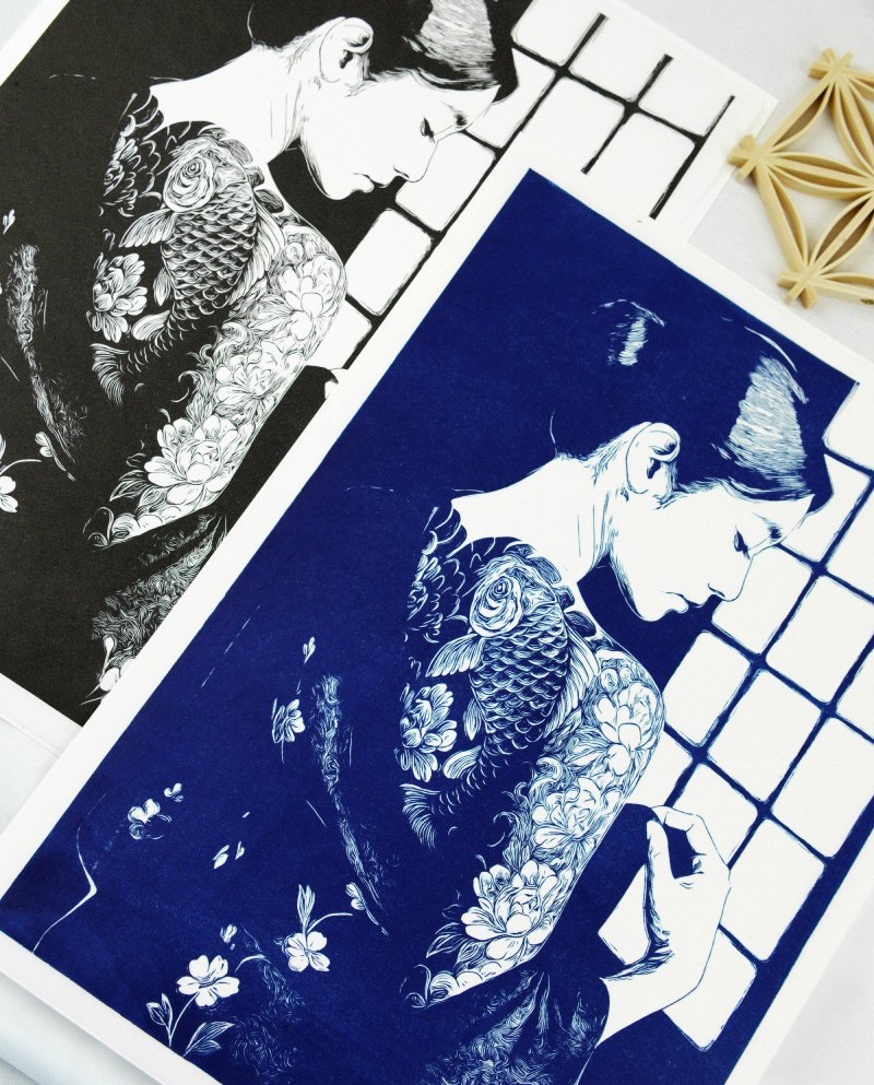 Linogravure japonaise Himeraretabi 秘められた美, "beauté cachée" noir