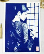 Linogravure japonaise Himeraretabi 秘められた美, "beauté cachée" bleu