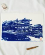 Estampe japonaise du temple Byōdō-in, vue du pavillon Hōō-dō et des jardins