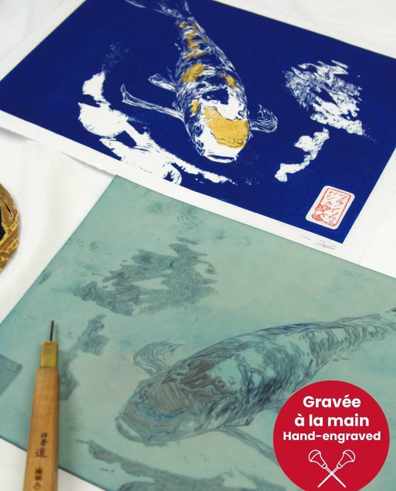 Carpe koï et reflets d'eau avec plaque gravée