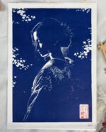 Linogravure japonaise beauté mystérieuse - yugen - bleu
