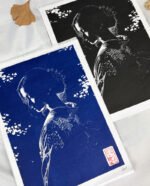 Linogravure japonaise beauté mystérieuse - yugen - noir et bleu