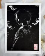 Linogravure japonaise beauté mystérieuse - yugen - noir