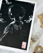 Linogravure japonaise beauté mystérieuse - yugen - noir