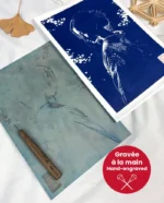 Linogravure japonaise beauté mystérieuse - yugen - bleu