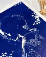 Linogravure japonaise beauté mystérieuse - yugen - bleu