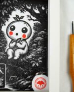 Linogravure japonaise yokai kodoma noir gouge