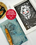 Linogravure japonaise yokai kodoma noir plaque gravée