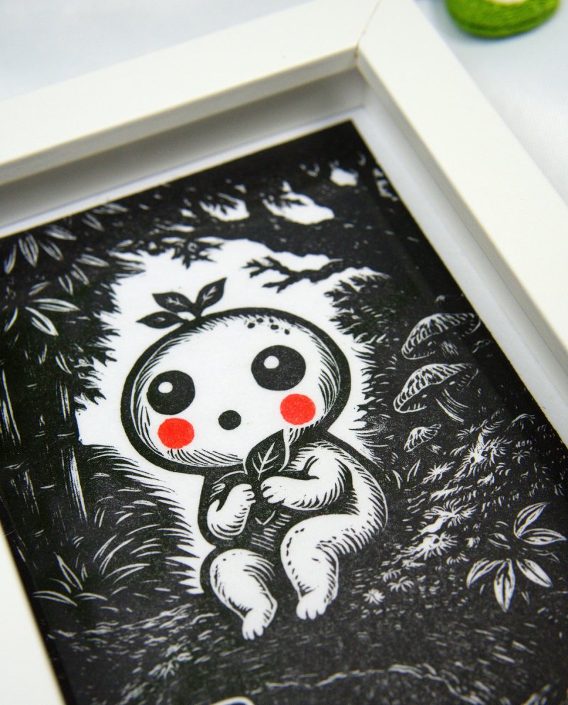 Linogravure japonaise yokai kodoma noir zoom